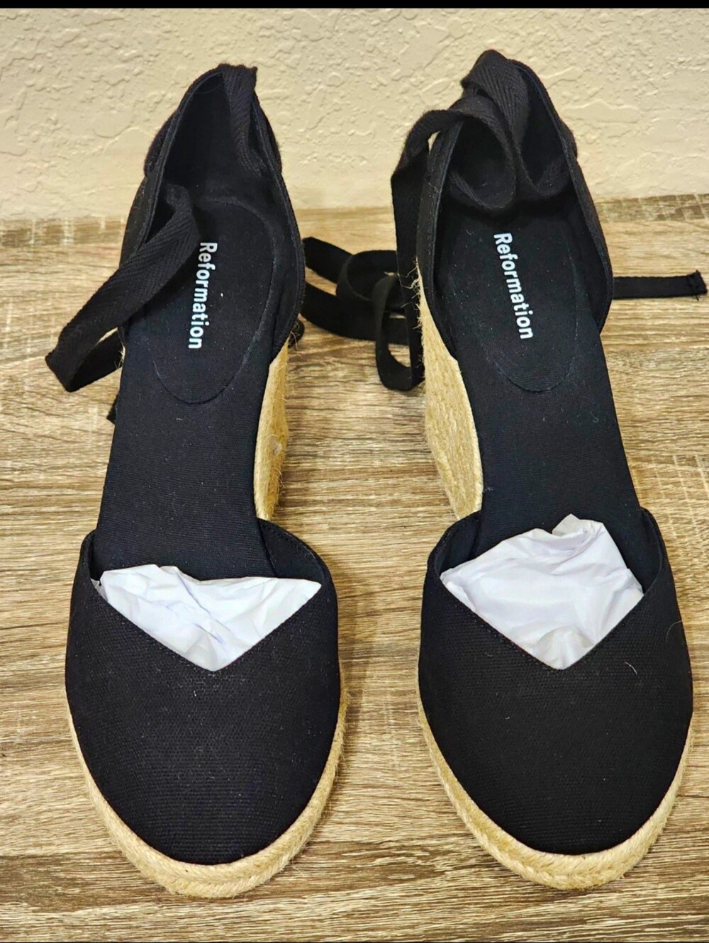 Reformation Camille Black Canvas Tie-Ankle Espadrille Wedge Sandals Sz 8.5
